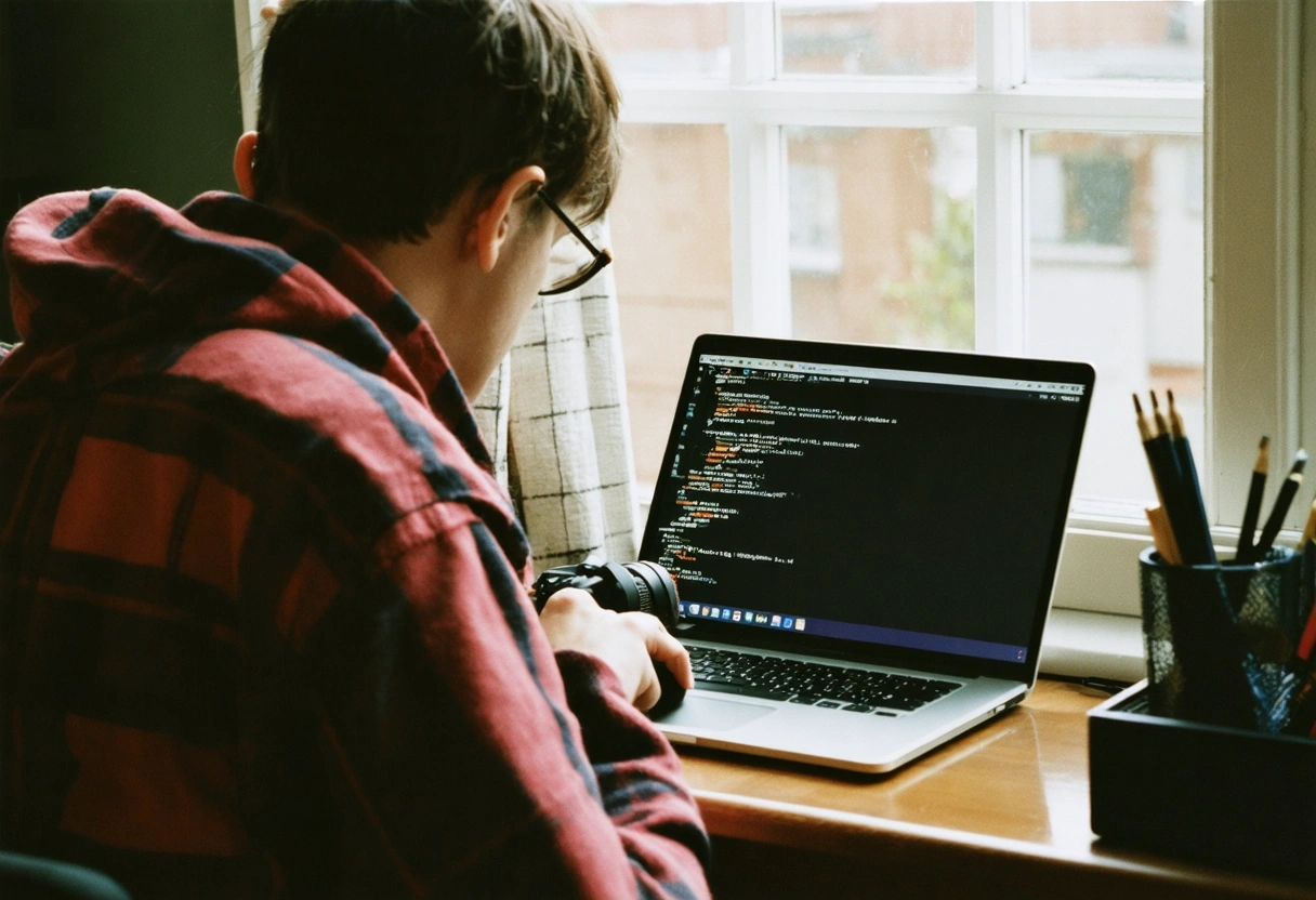Business owner checking cybersecurity alert on laptop in cozy office