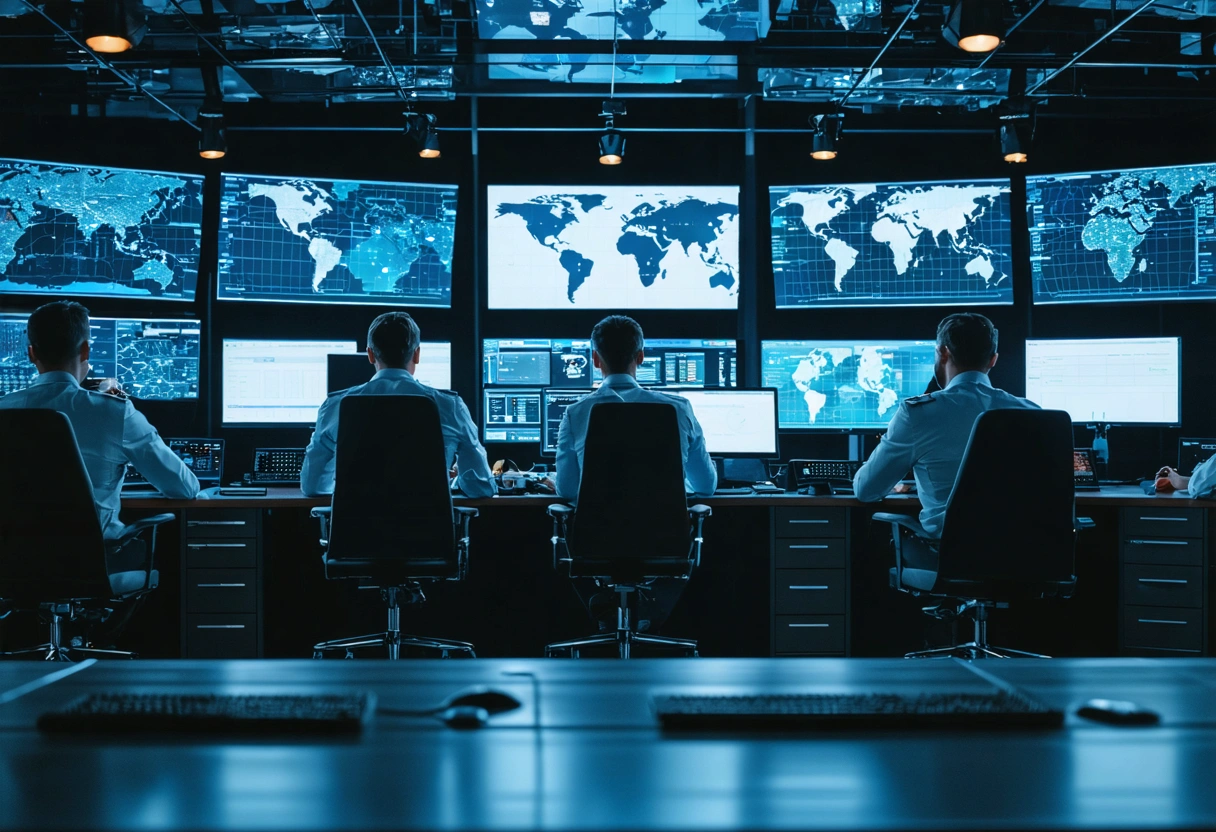 Command center with screens showing threat intelligence, team analyzing data
