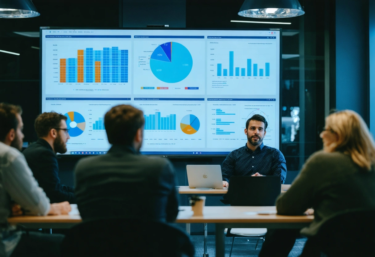 A team of professionals in a workshop, discussing cybersecurity trends with digital charts and graphs