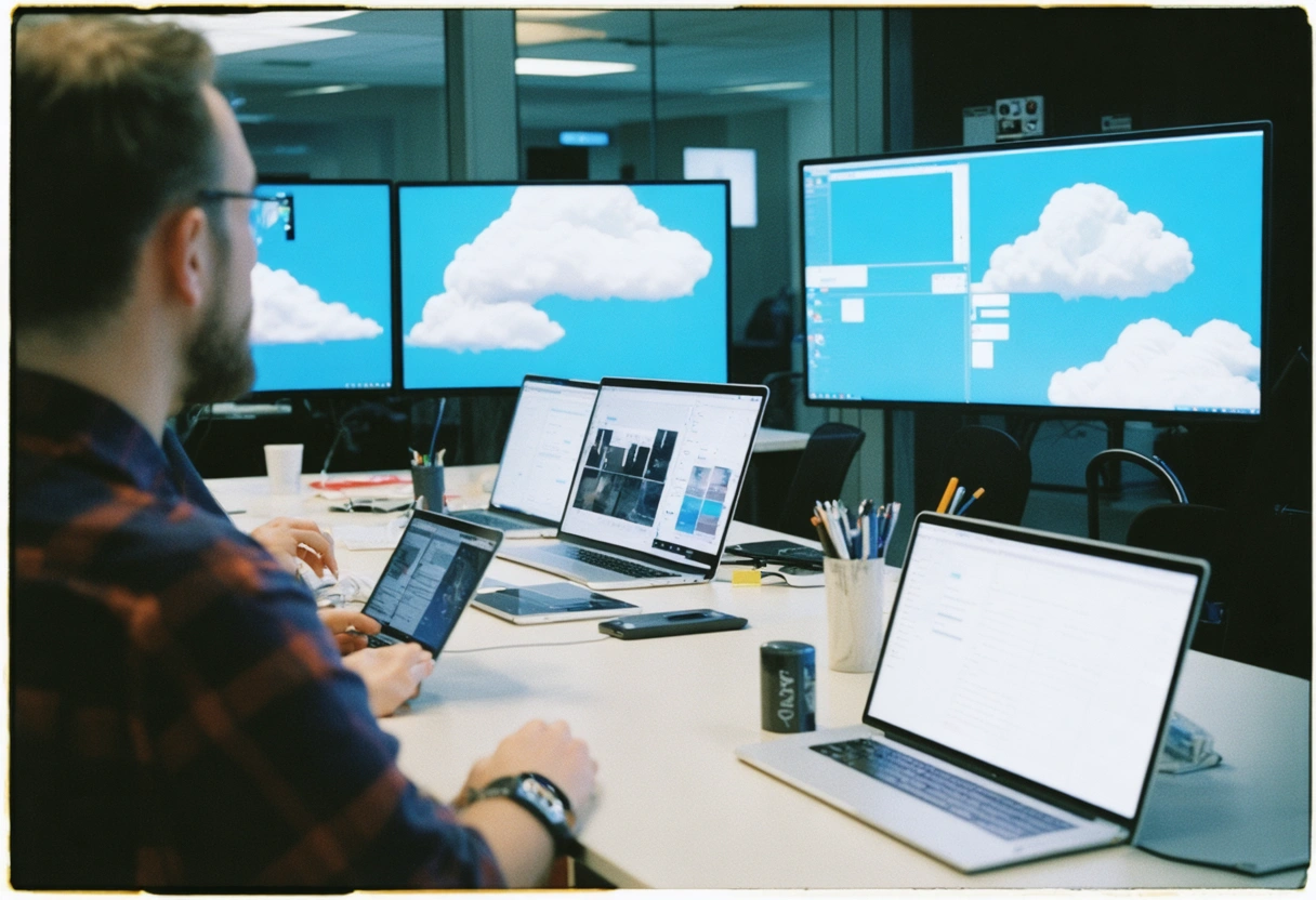 Tech team integrating cloud solutions with screens showing interfaces