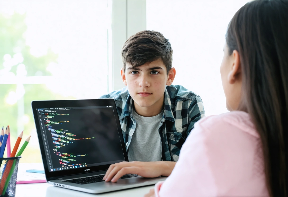 Teenager learning cybersecurity on laptop with parent in study room