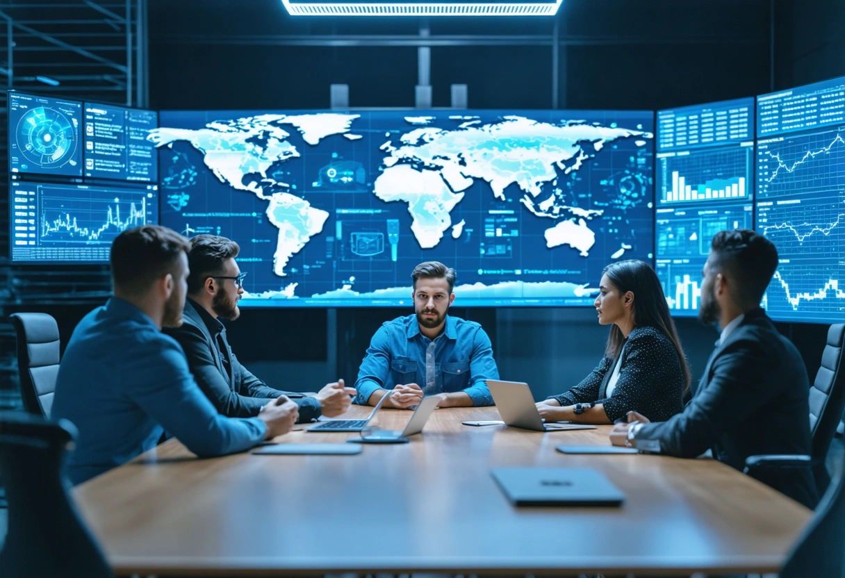 Veteran-led cybersecurity team strategizing in modern office with data screens and conference table.