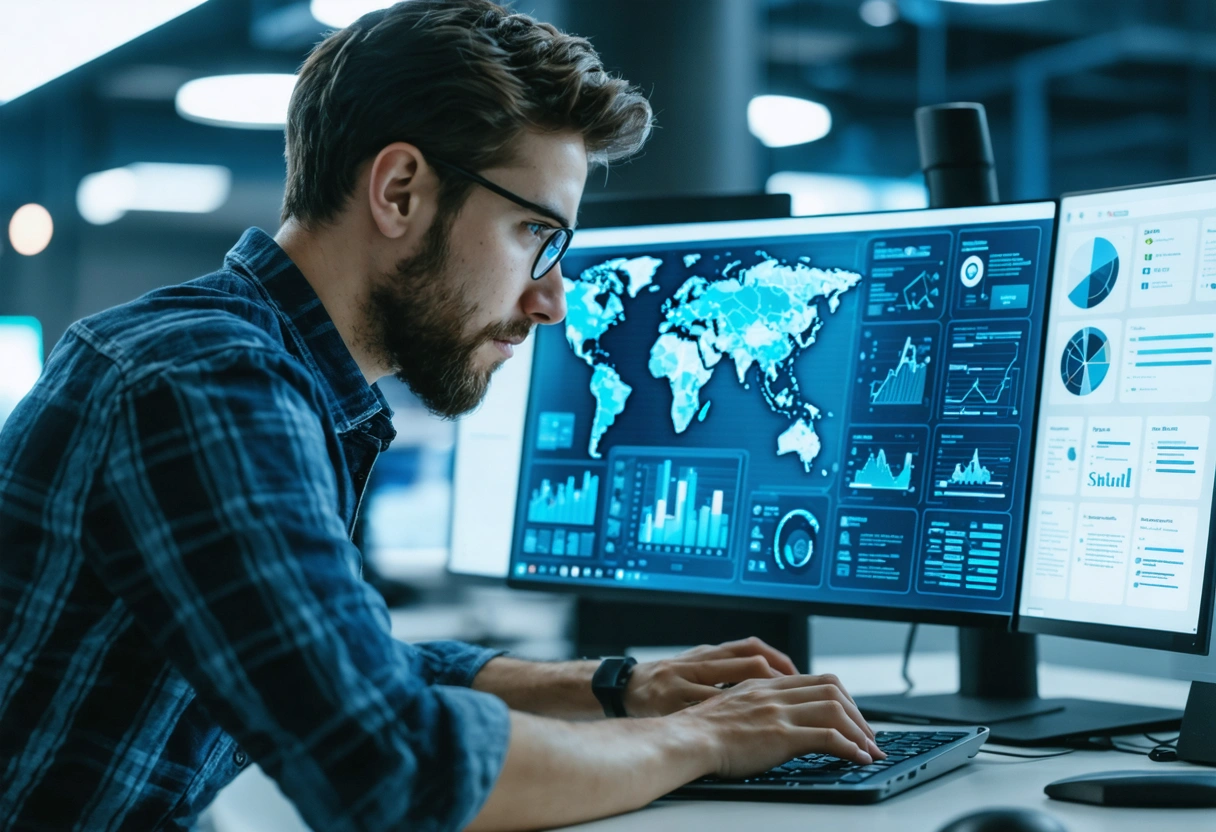 An employee using a Learning Management System on a laptop, with AI-driven personalized training modules
