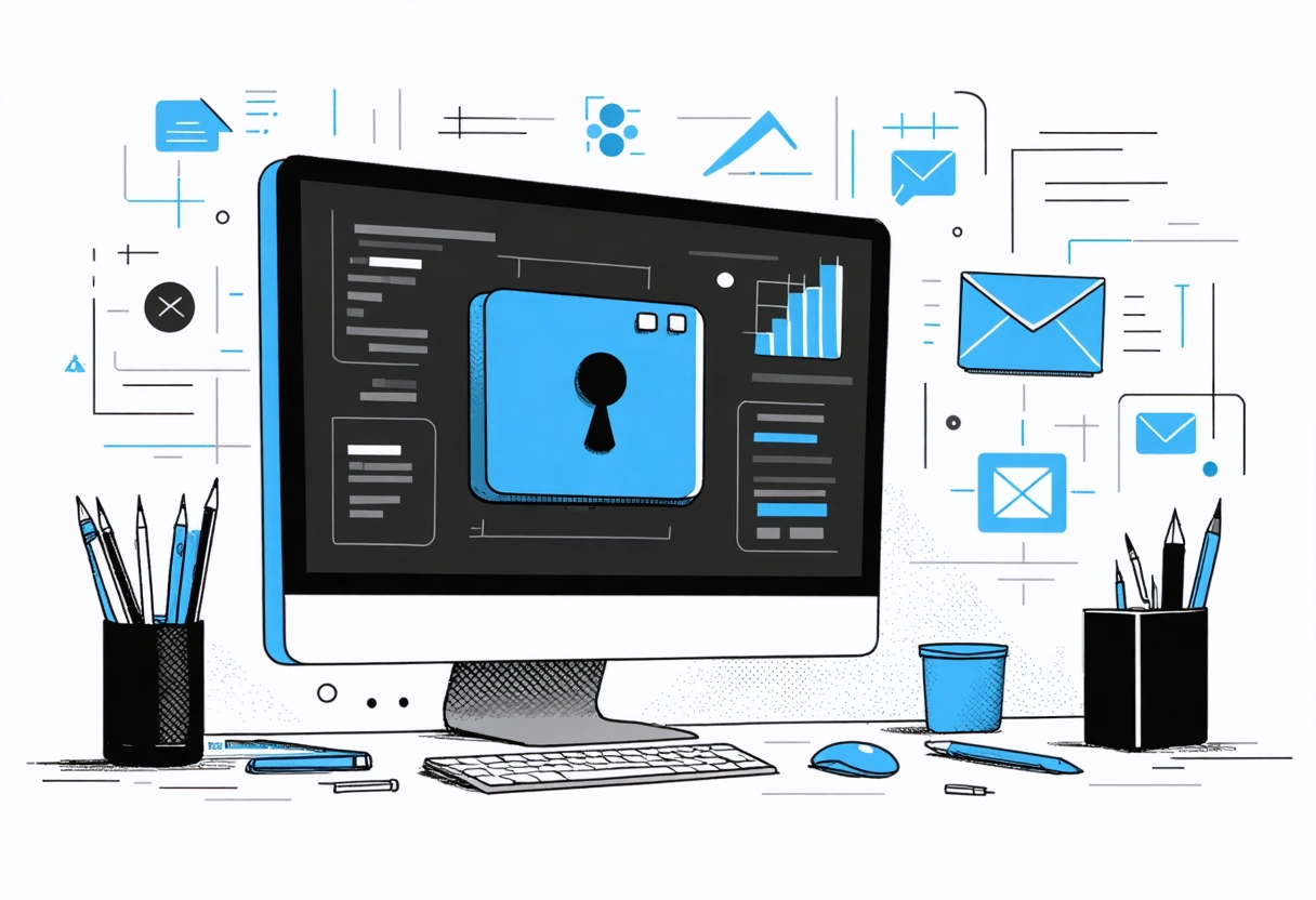 An IT professional conducting a risk assessment on a computer, surrounded by digital security icons