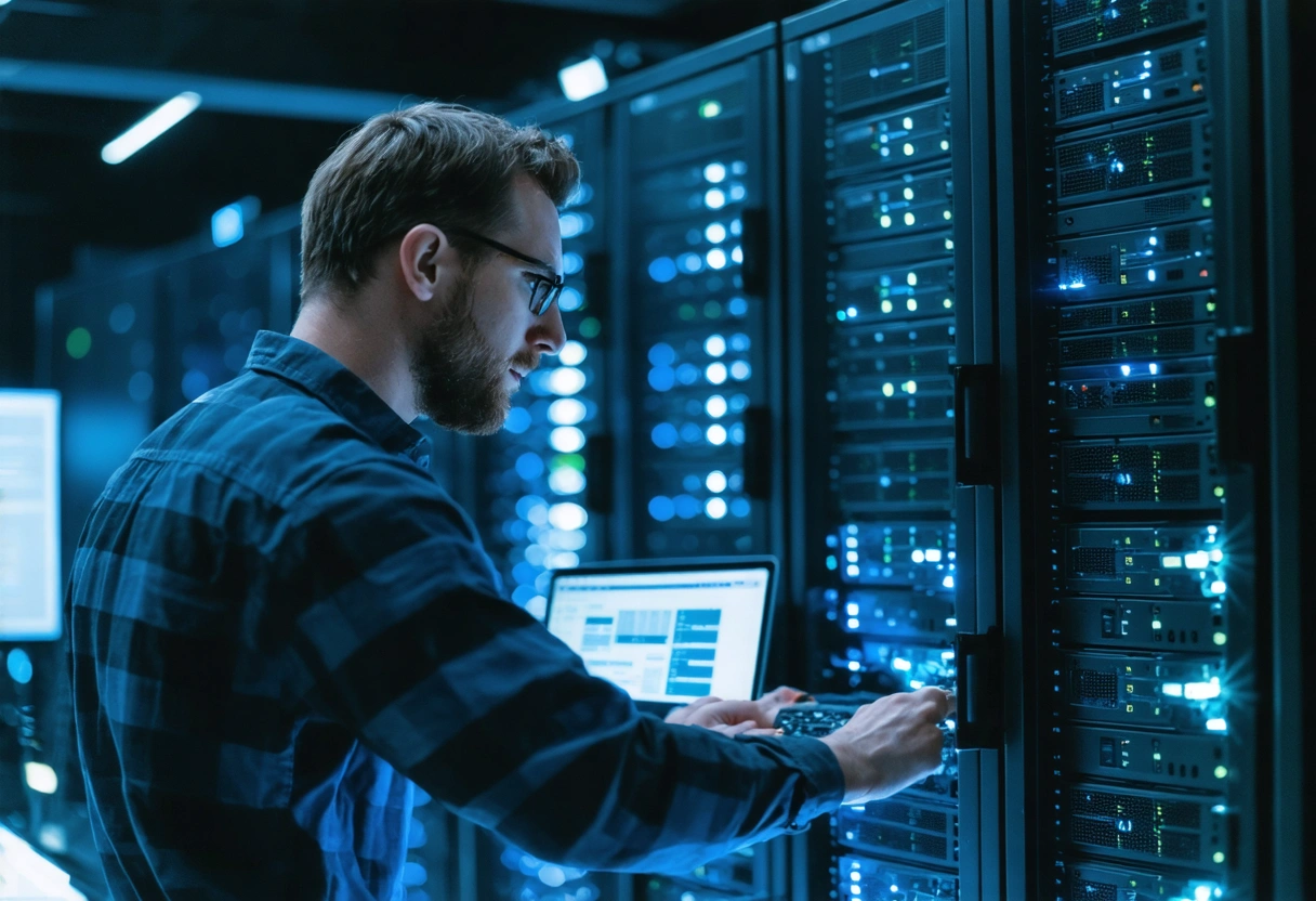 Technician ensuring data recovery in an office with backup servers