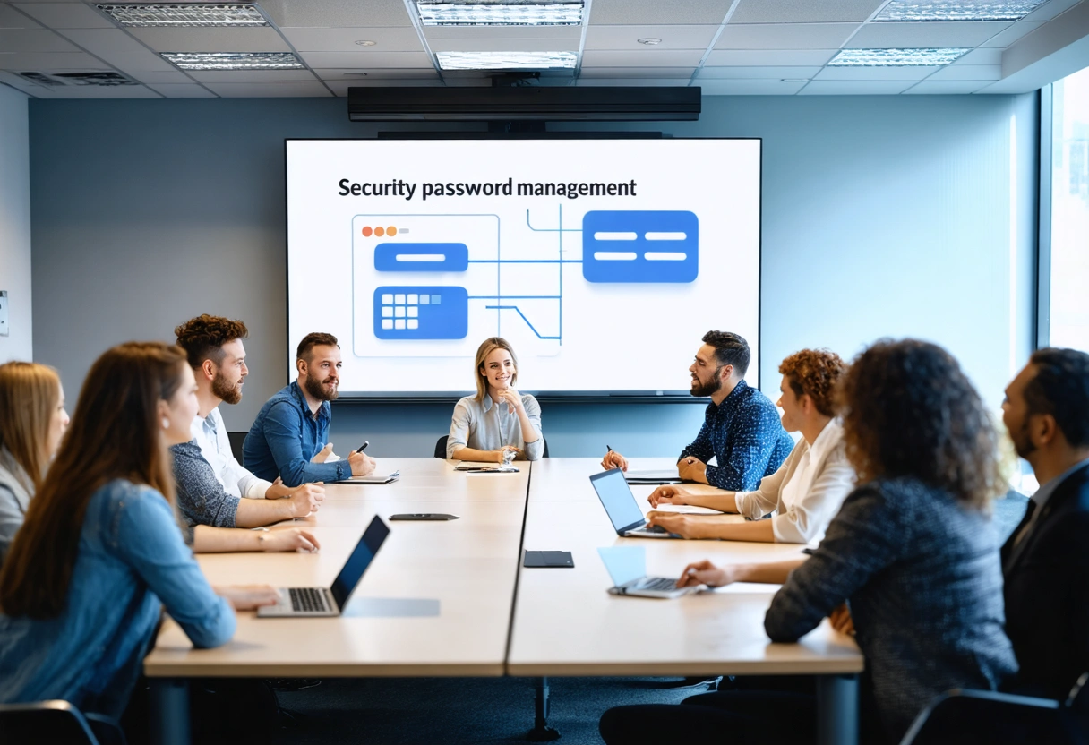 Team reviewing security policies, focusing on password management