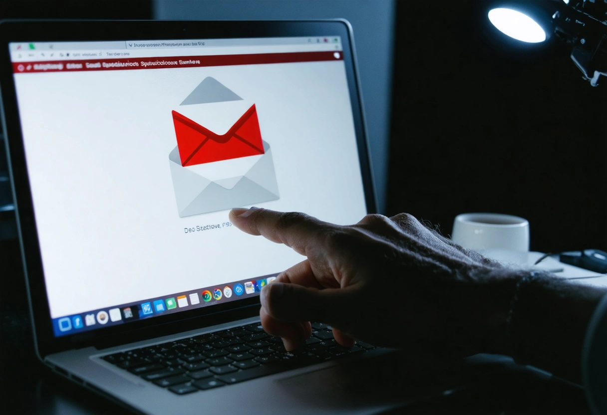 Person pointing at laptop screen with suspicious email and red flags