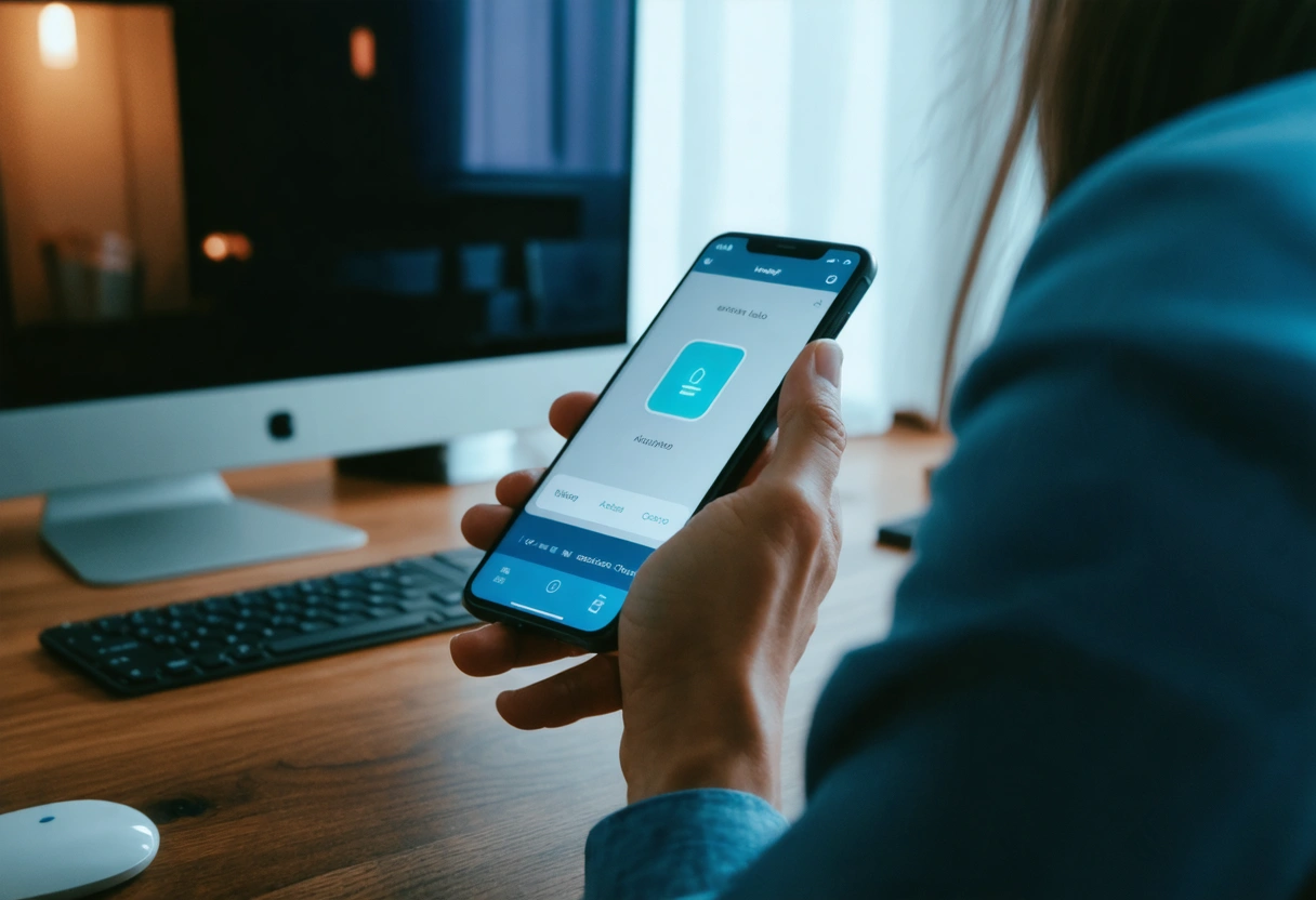 Person using biometric authentication on smartphone in secure home office