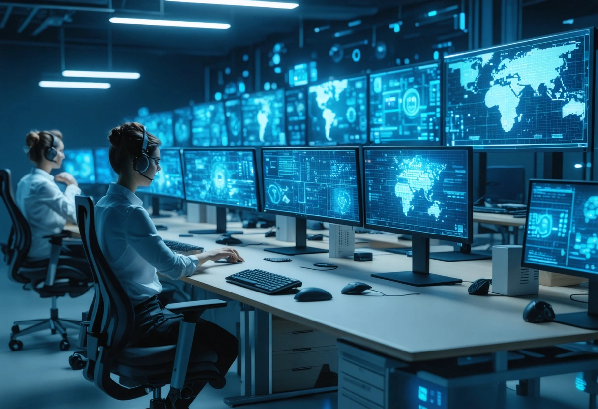 Employees from different departments receiving tailored cybersecurity training at their desks, each with unique content