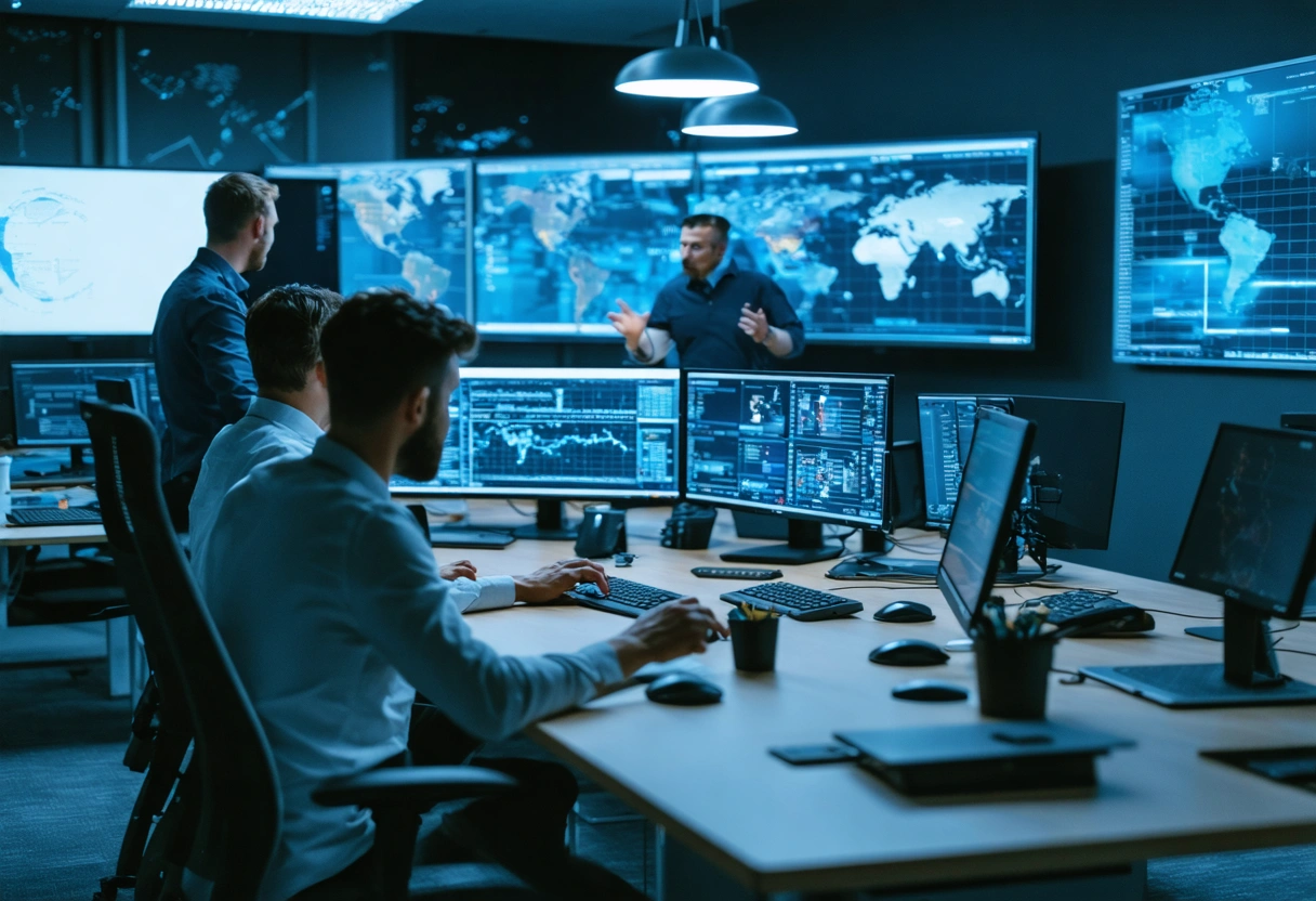 IT professionals discussing threat detection challenges with data screens