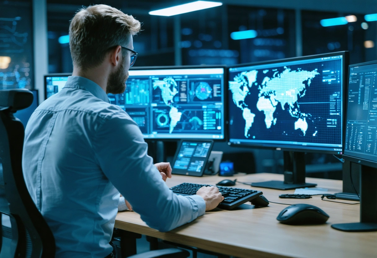 Veteran cybersecurity team ensuring compliance in a modern office, reviewing regulations on digital screens, with