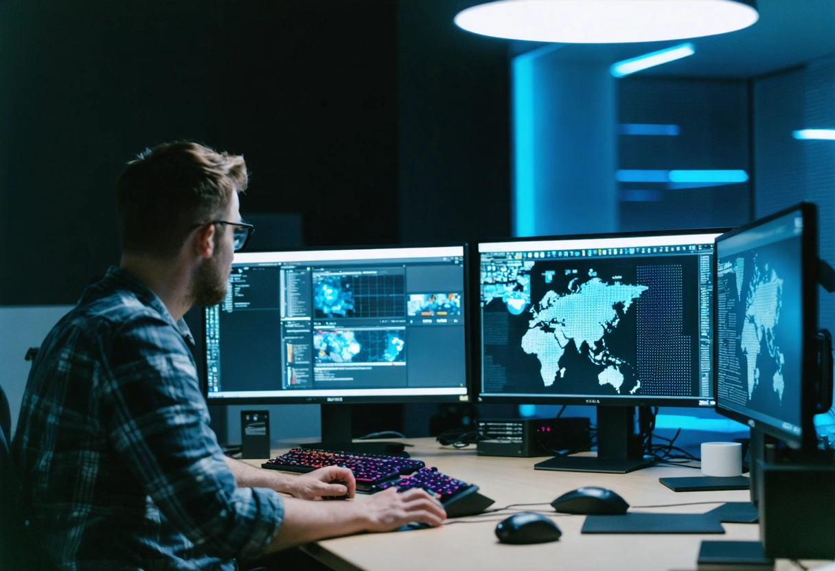 Veteran-led cybersecurity team analyzing potential threats on multiple monitors, collaborating with small business owners in