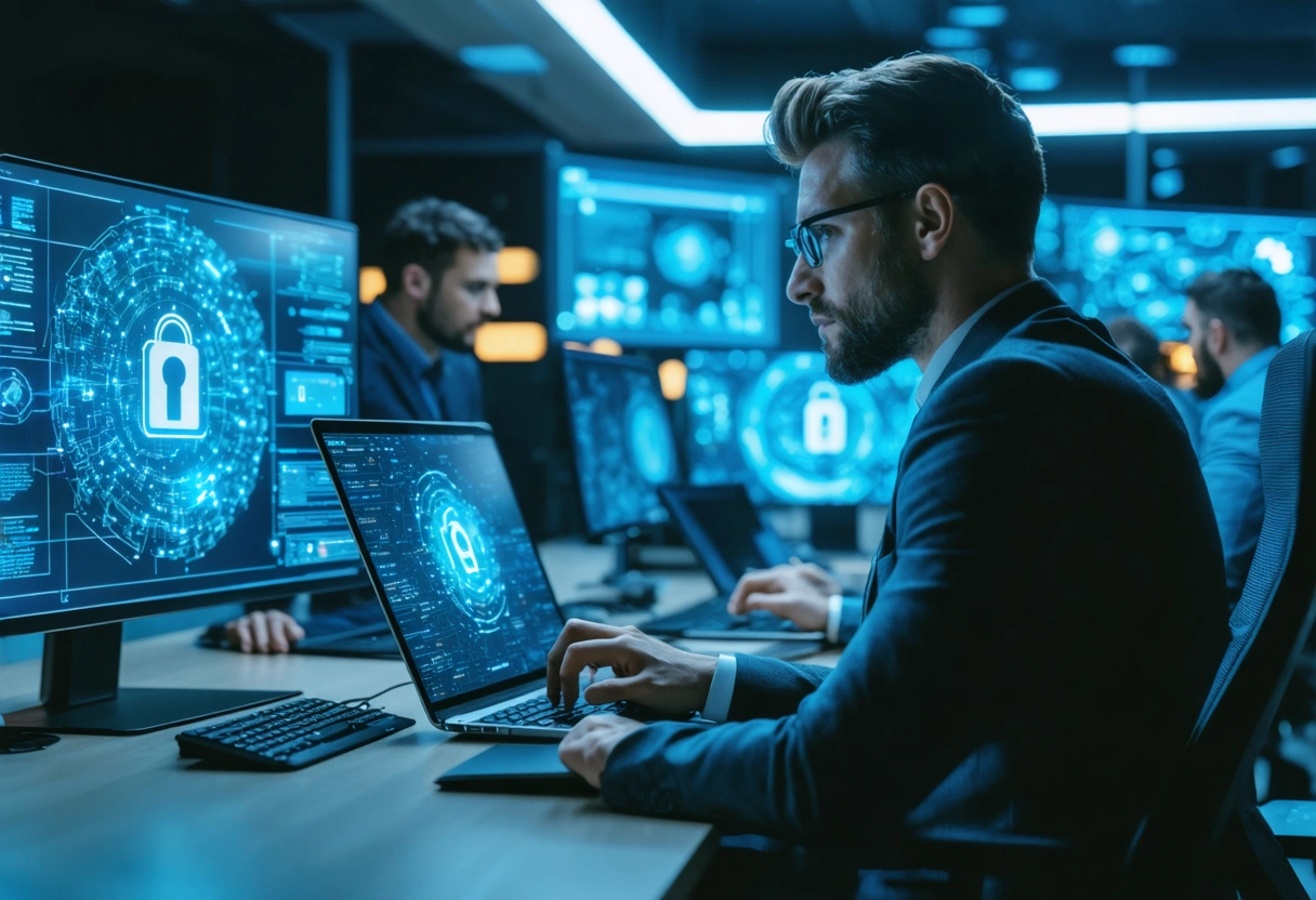 Veteran-led team customizing cybersecurity strategies on laptops, consulting with business leaders in a high-tech office.