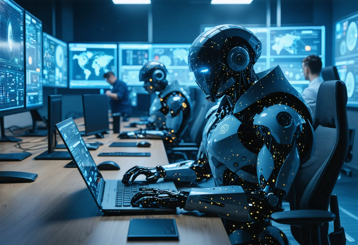 Veterans in a cybersecurity team, confidently working on laptops in a sleek office, displaying integrity