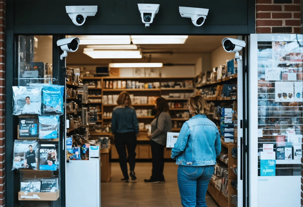 Retail shop with security cameras, customers browsing, staff assisting, friendly atmosphere