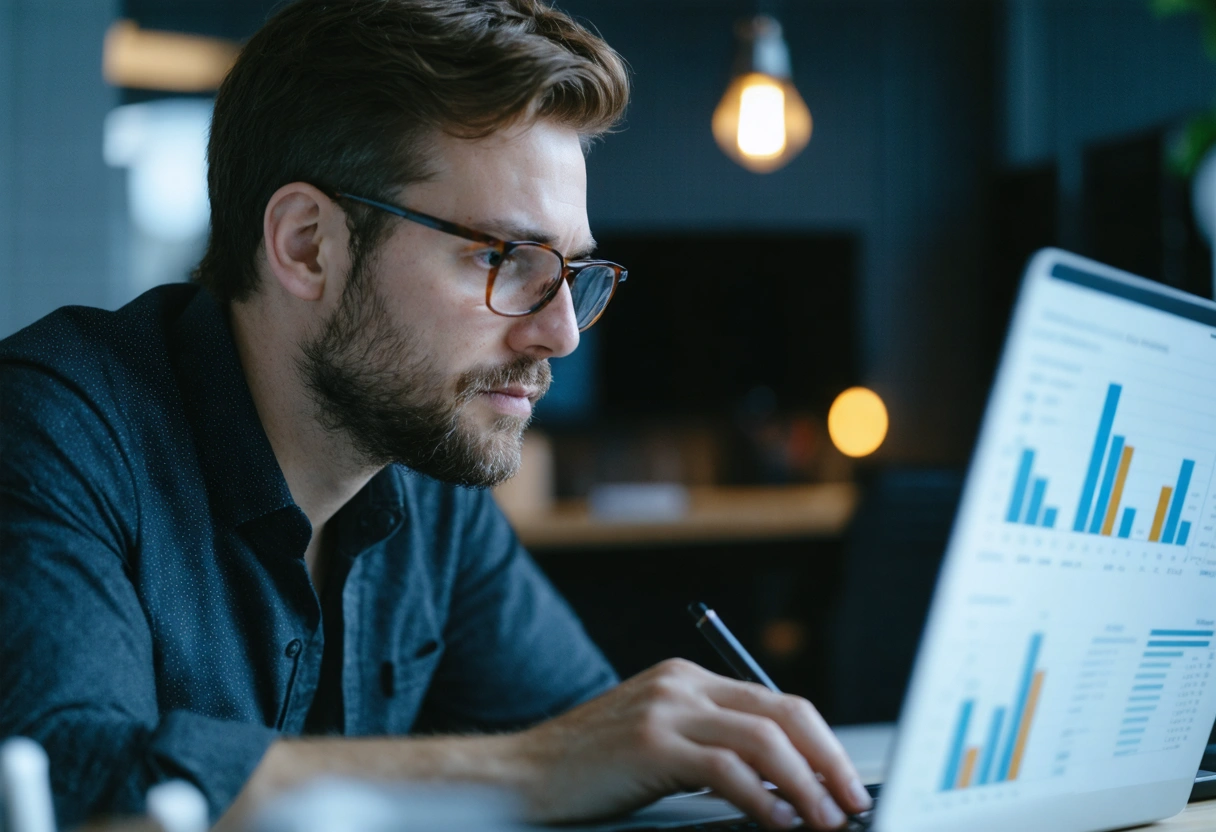 Business owner reviewing cost-benefit analysis on laptop, focused expression