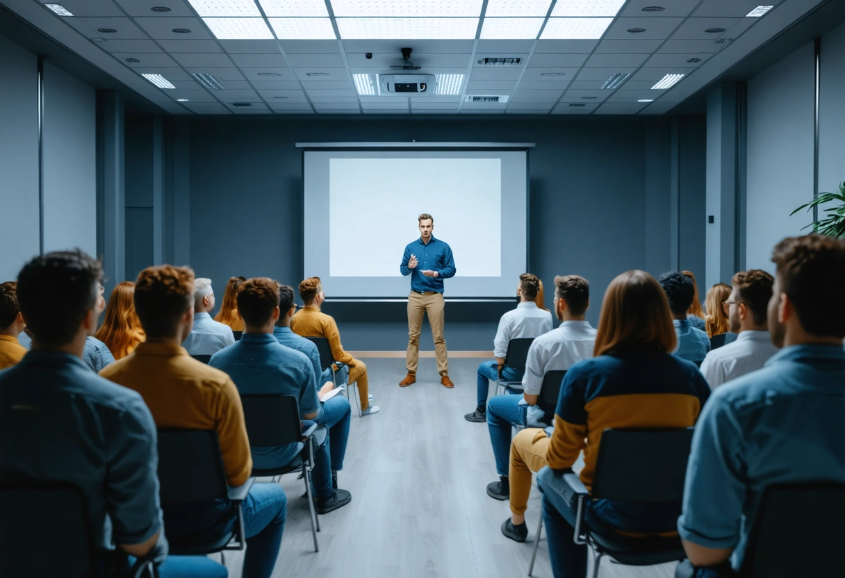 Employees in security training session, presenter using projector, engaged audience