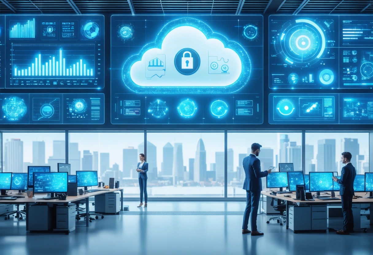 Futuristic office with cloud-based security systems, screens displaying analytics