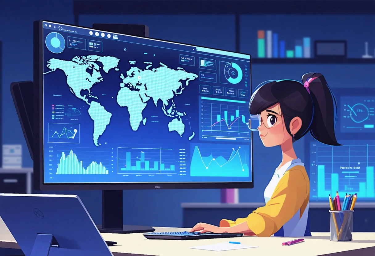 Data analyst focused on charts with multiple screens in modern office