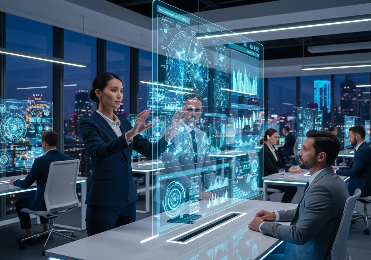 Futuristic office with AI, holographic risk assessments, and tech tools