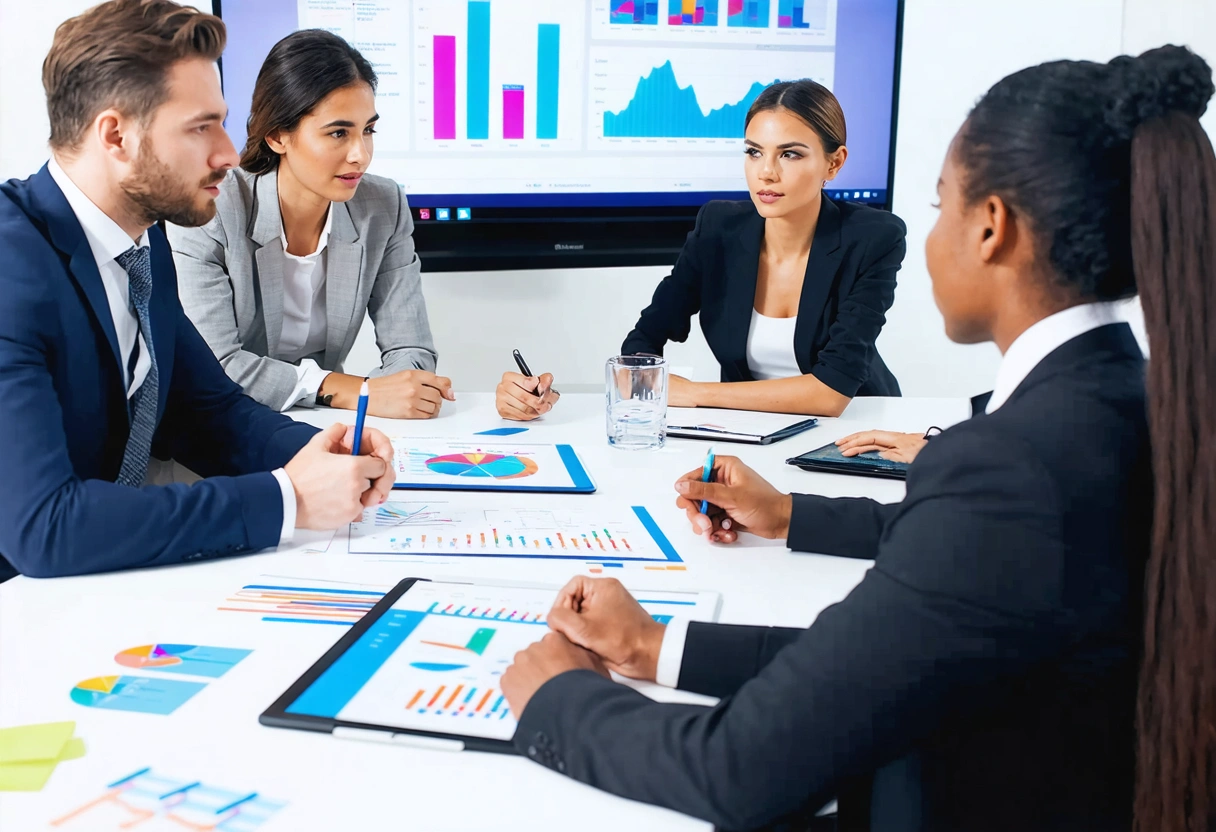 a-professional-office-setting-with-a-PRVbln Diverse team discusses business continuity plan in well-lit office with charts on screen.