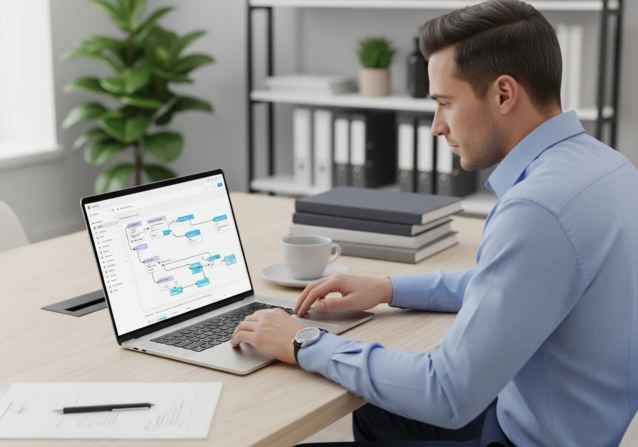 a-professional-office-setting-with-a-XLbSyq Small business owner reviewing software on a laptop in bright office