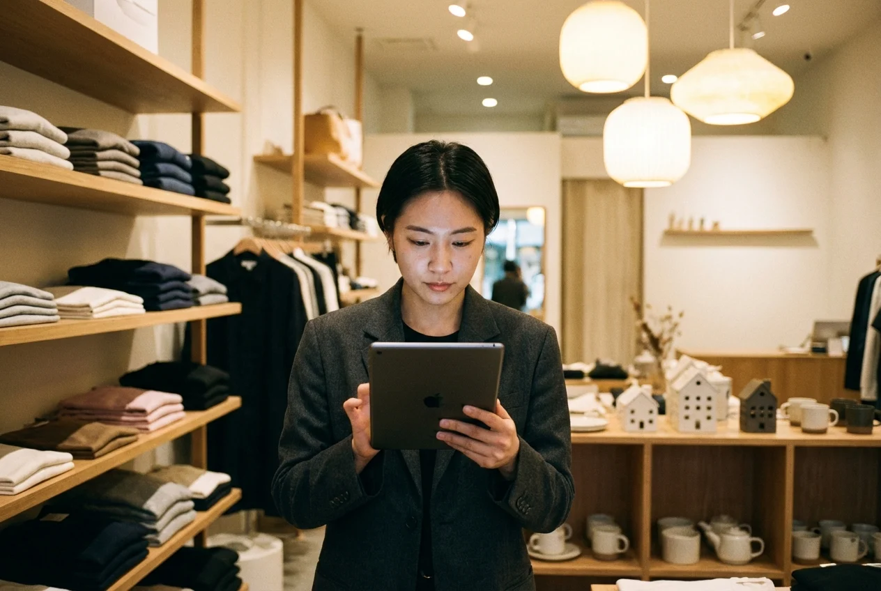 Retail manager checking inventory on tablet with organized shelves behind