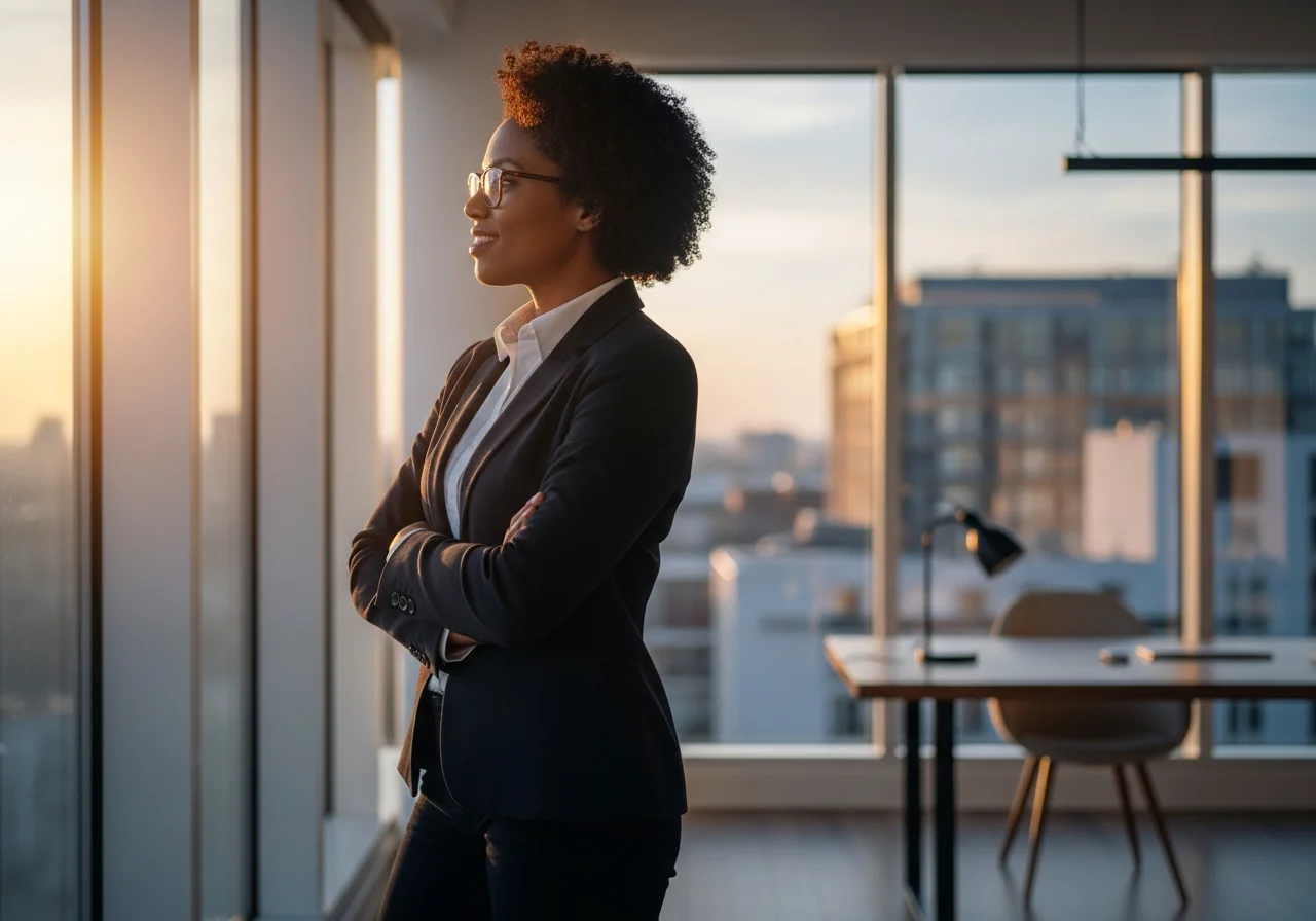 Business owner in modern office, looking out window, contemplating growth