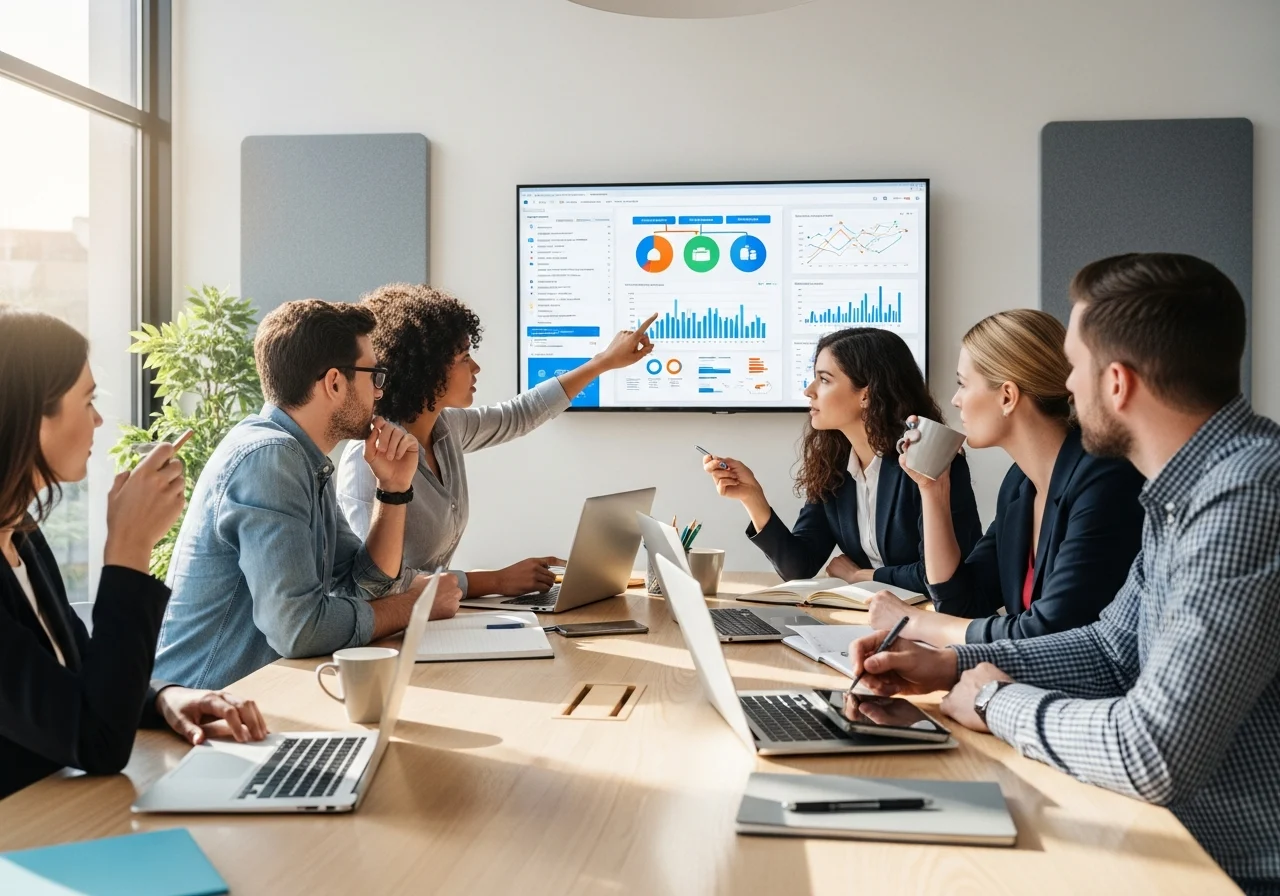 Diverse team discussing automation strategies around a table in bright office