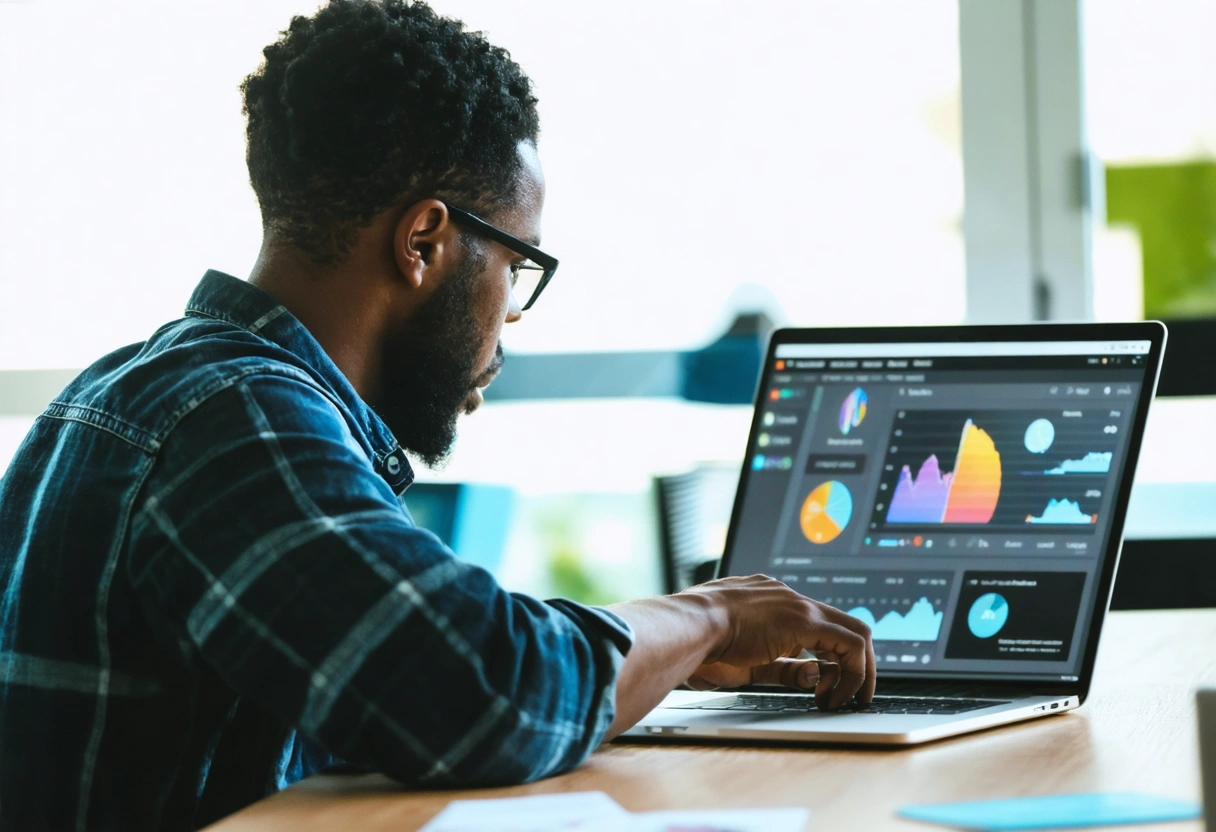 Business owner adjusting cloud automation settings on laptop in bright office