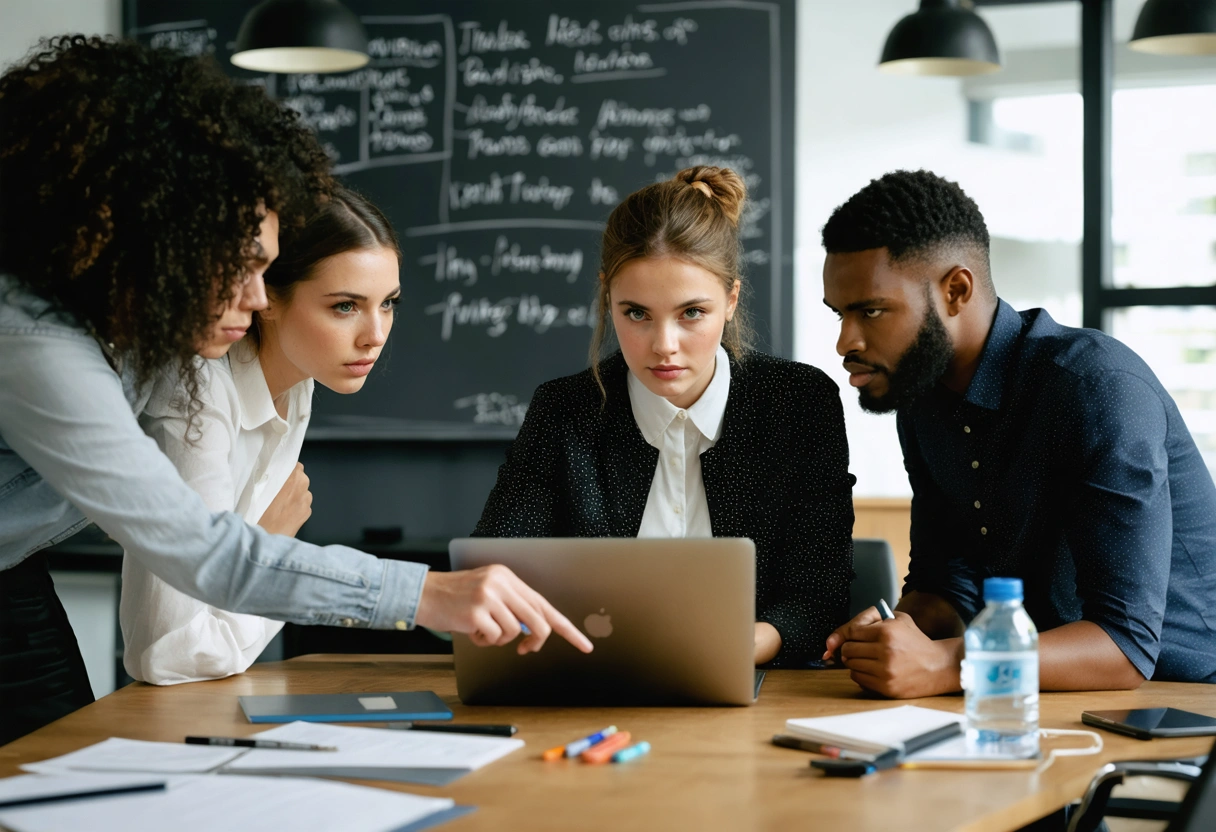 Team reviewing suspicious email on laptop in office meeting.