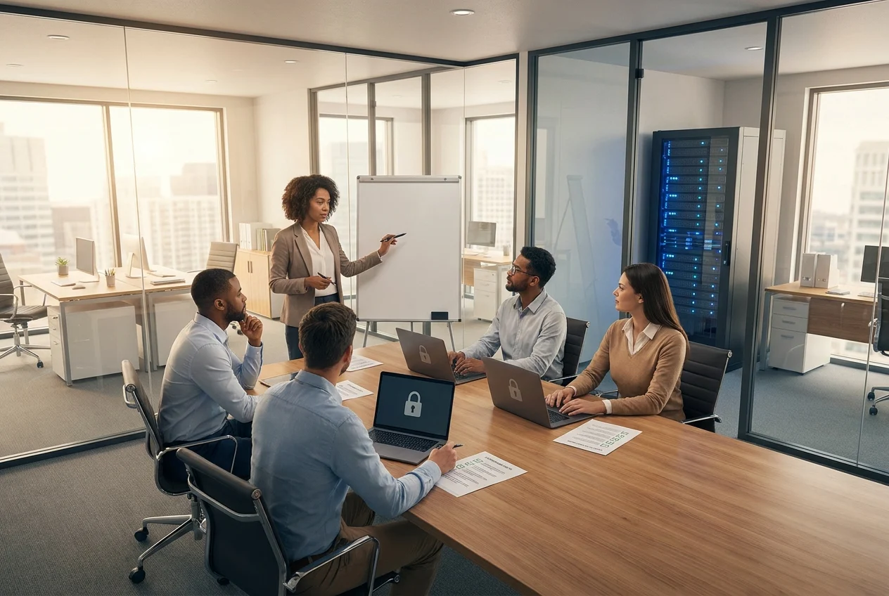 modern-small-business-office-interior-in-vZyvPZ Diverse team in a modern office discussing cybersecurity strategy