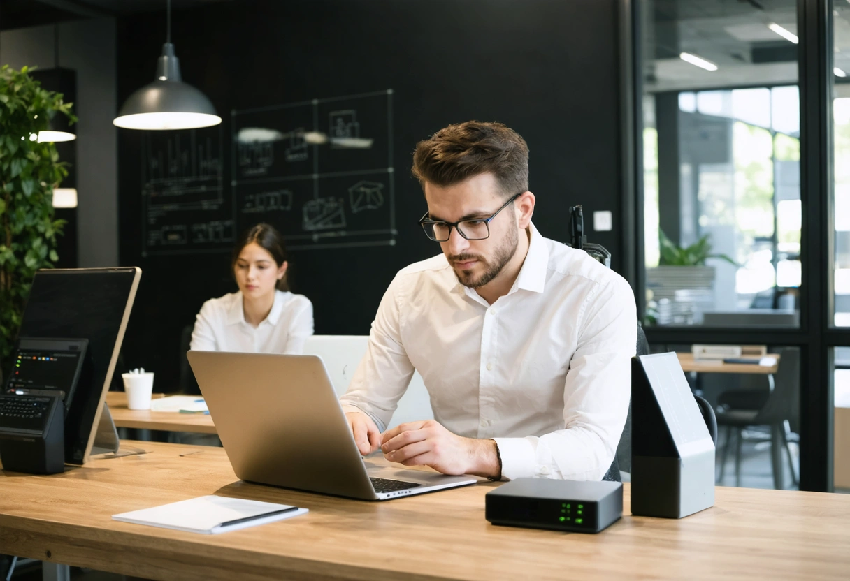 Business owner updating security checklist with colleague's support.