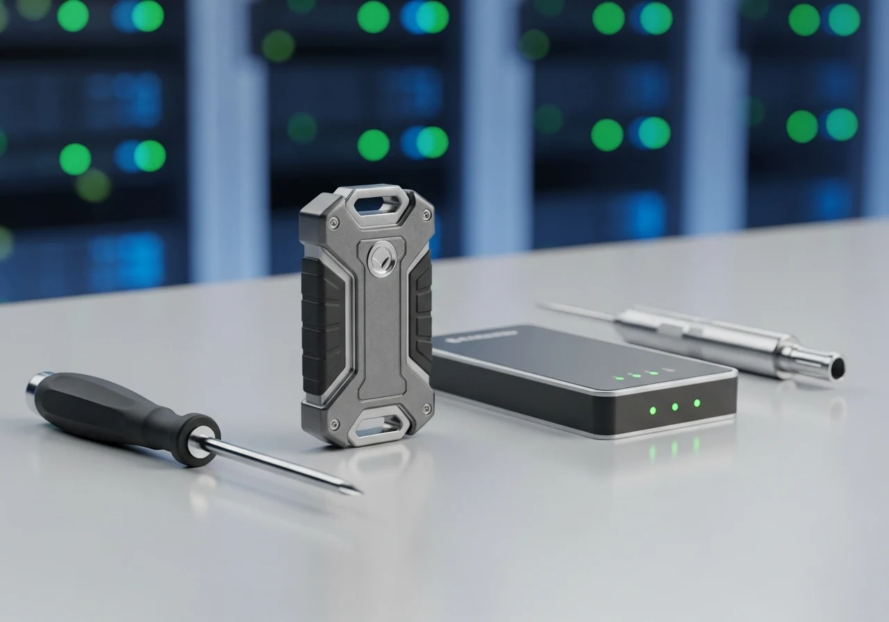 Close-up of cybersecurity tools on desk in server room.