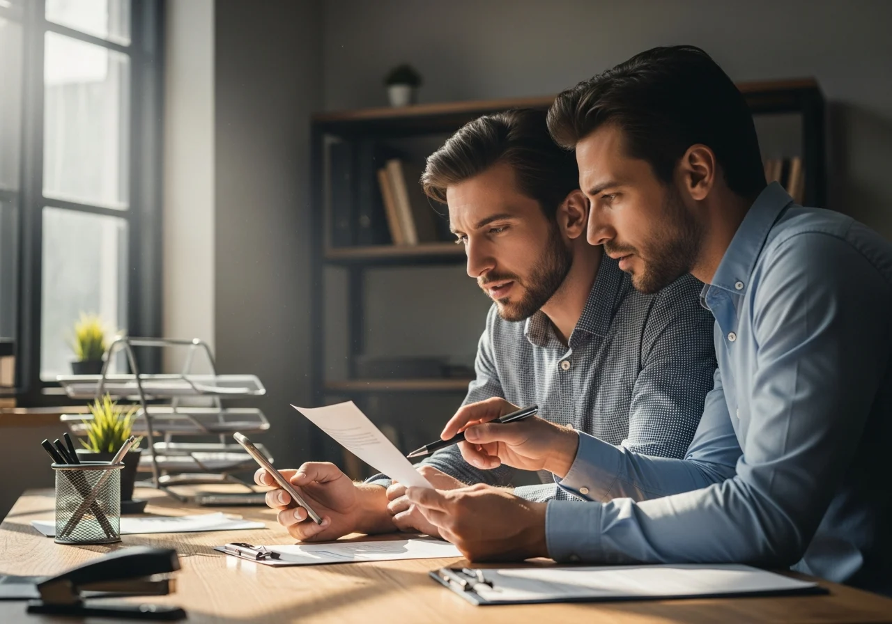 Business owner and manager inspecting suspicious message in office setting