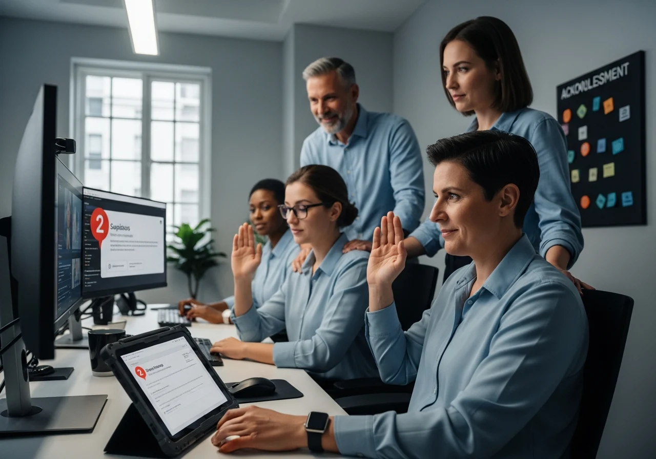 Office scene of coworkers reporting suspicious message, fostering security culture