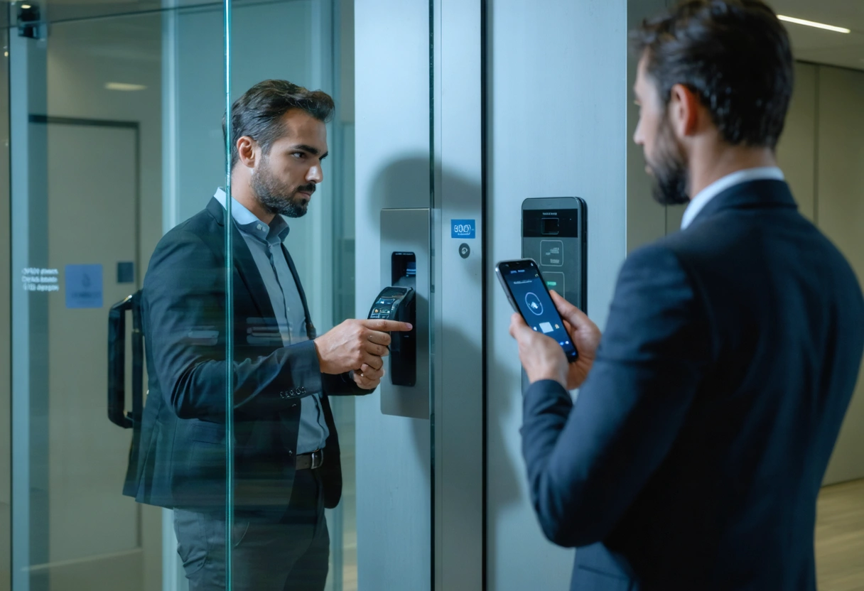 Office team implementing access controls with badge reader and phone