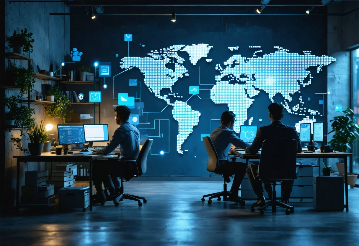 cinematic-wide-hero-image-for-a-HiO1ml Office at dusk with digital threat motif and professional team