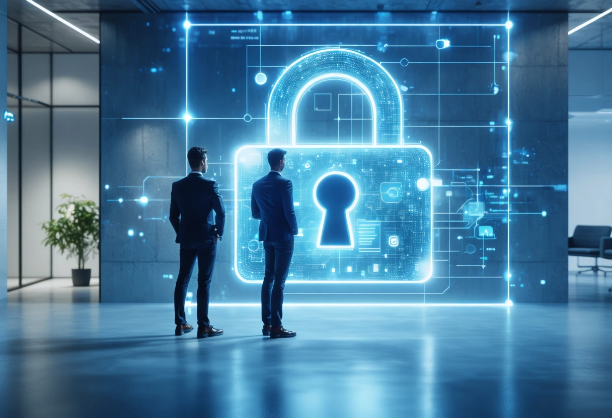 Business owner, IT lead, and advisor reviewing security assessment in office