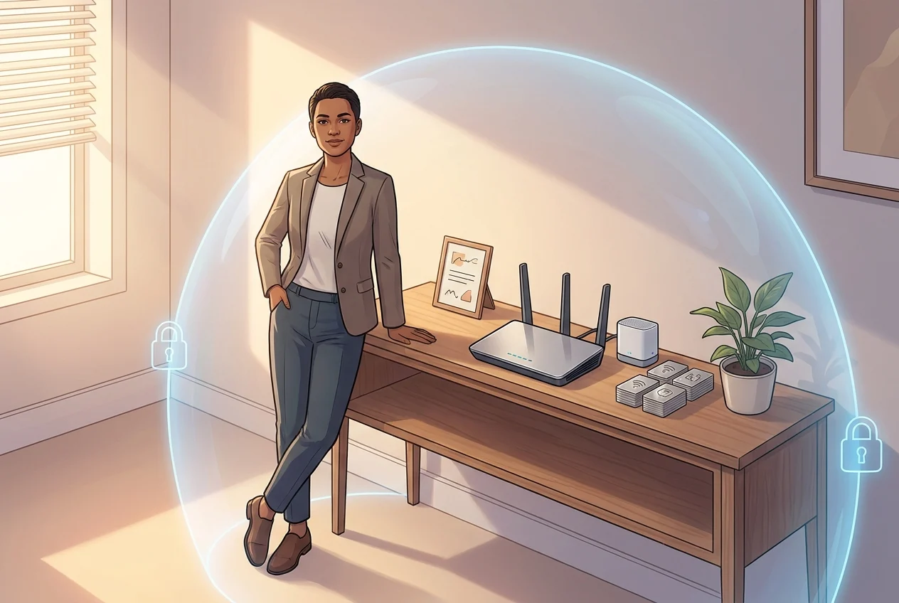 Confident individual beside secure home network setup with modern router.