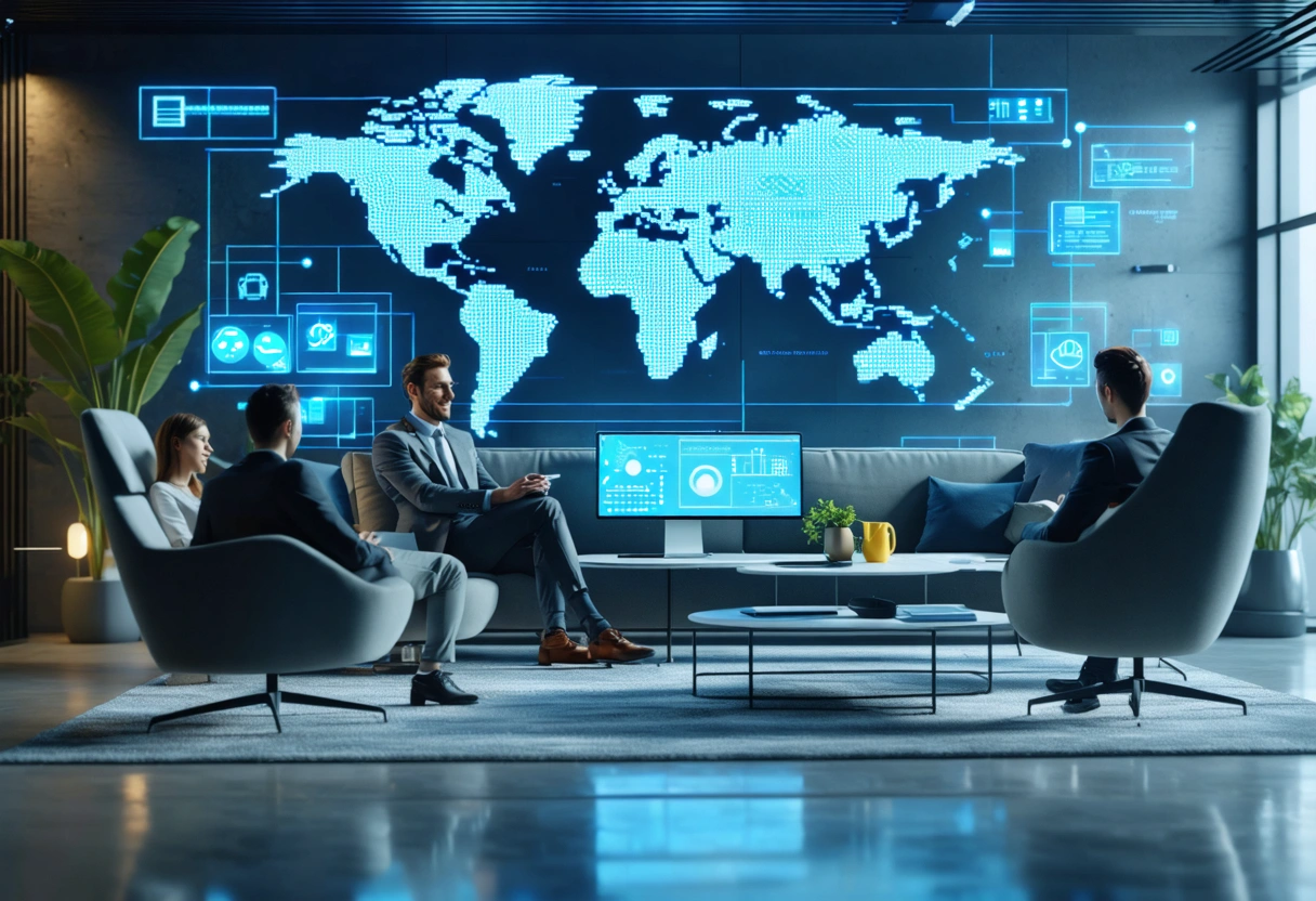 Security team and client in office lounge with AI threat analysis elements