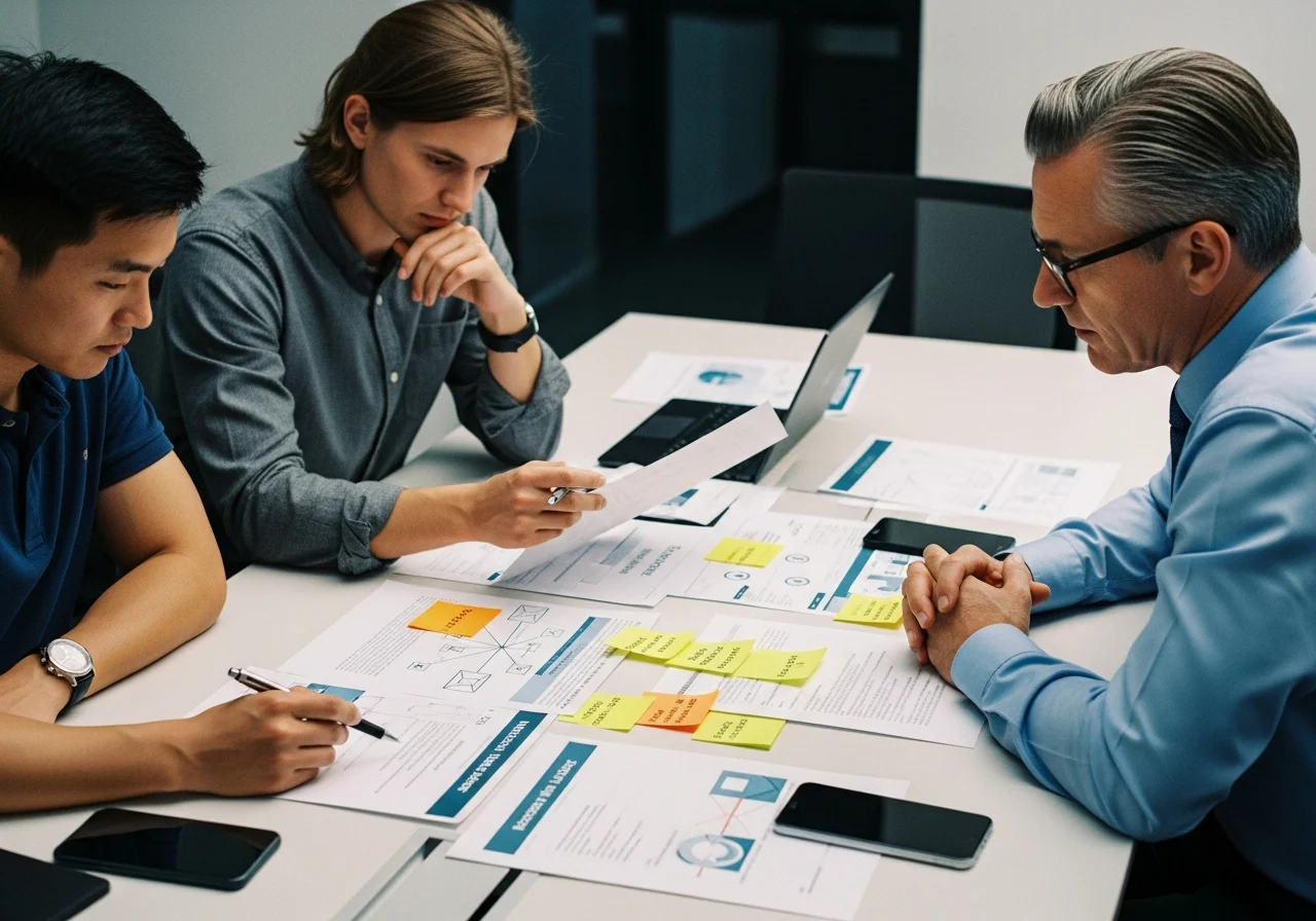 Analysts and business owner review phishing evidence in a security meeting room