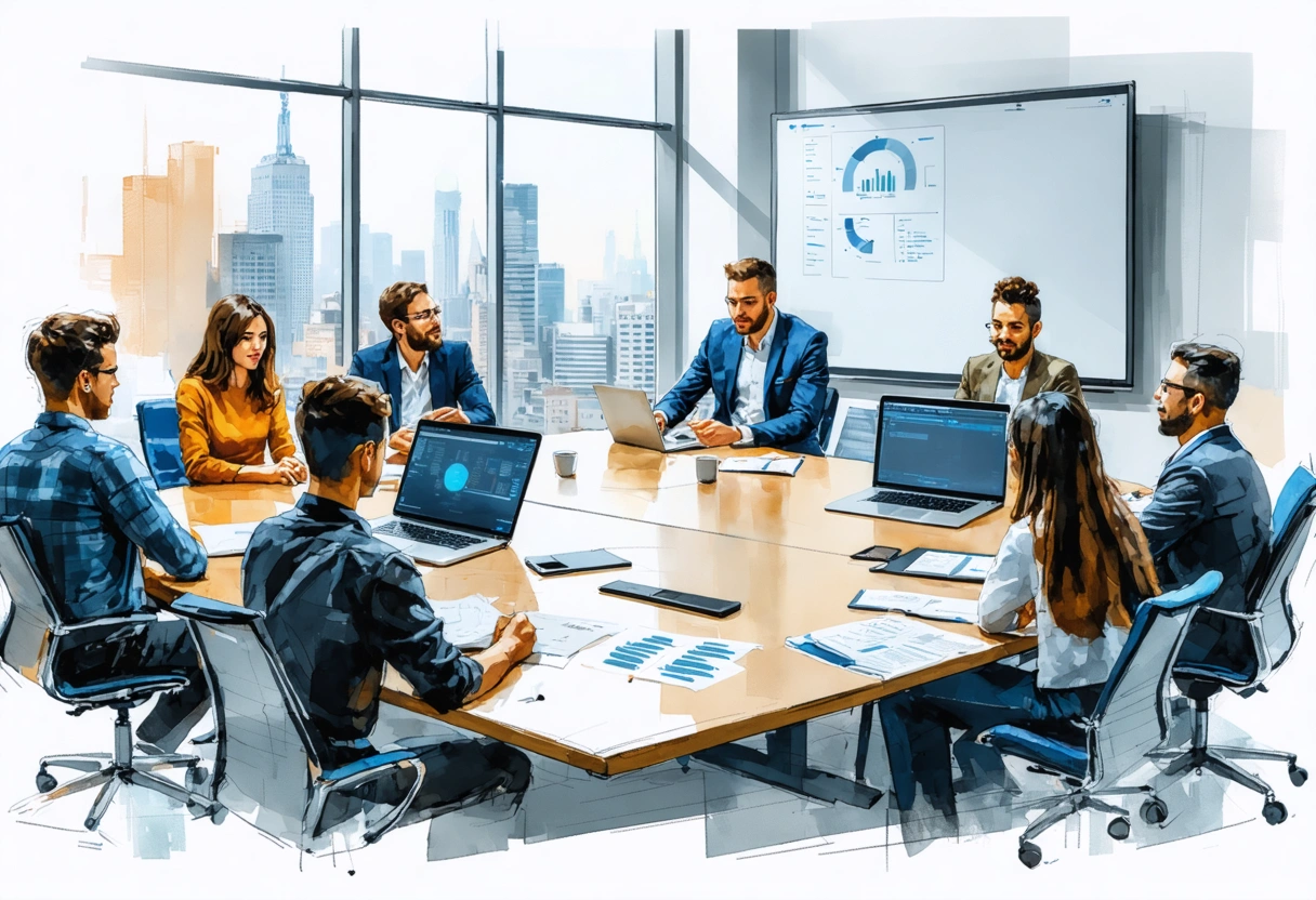 Leadership team meeting with cybersecurity consultant in modern conference room