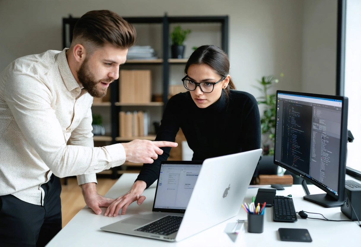 Two professionals discussing endpoint security in a tidy, secure home office.