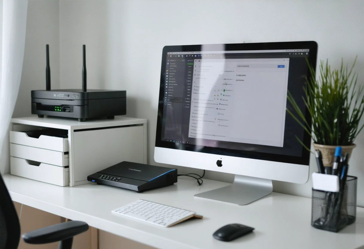 Clean home office with security features like locked drawer and privacy screen.