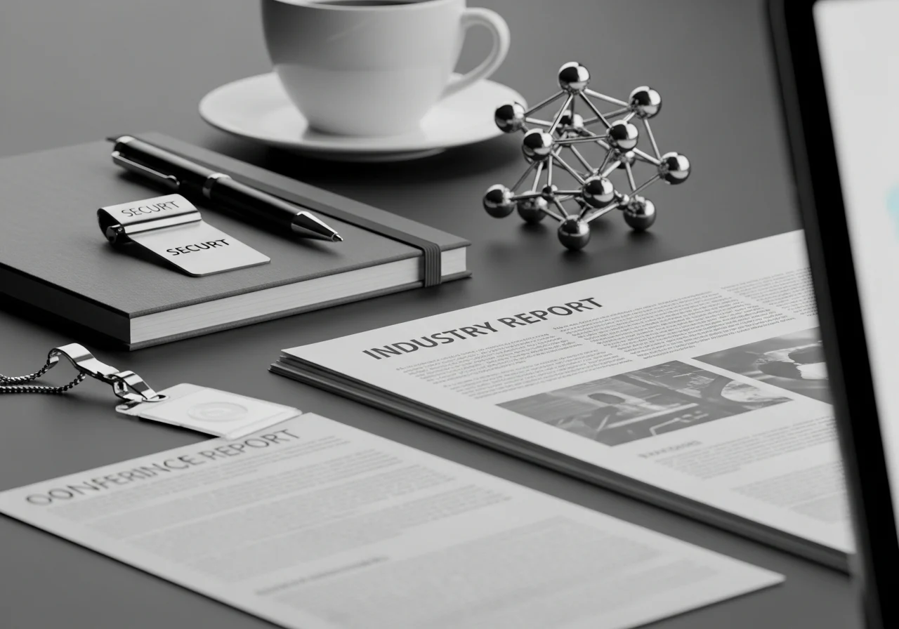 Close-up of cybersecurity networking items on a tabletop with coffee cup