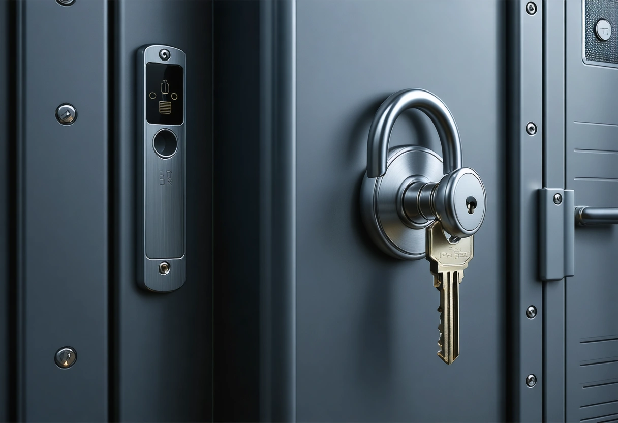 Close-up of secure key vault lock and encrypted drive enclosure