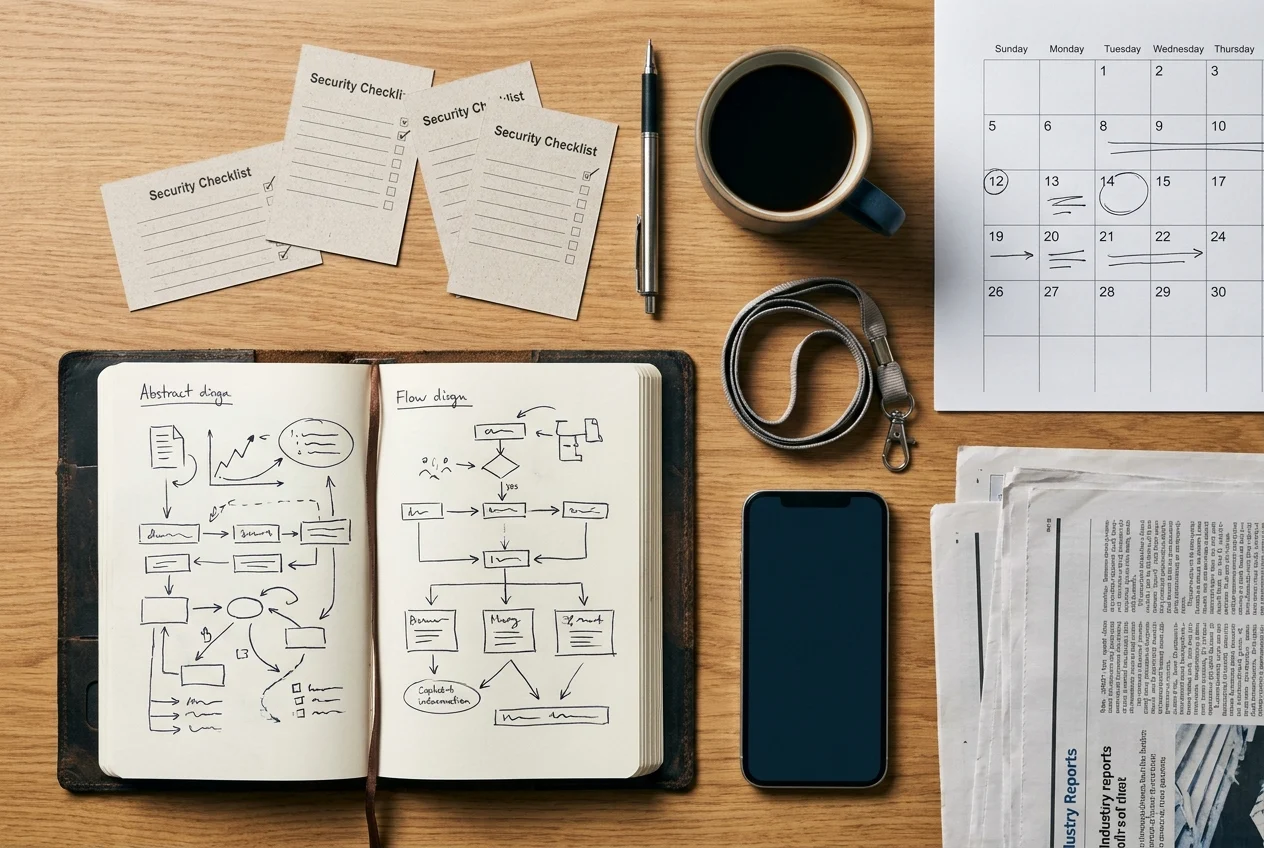 Organized cybersecurity workspace with notebook, reports, and coffee