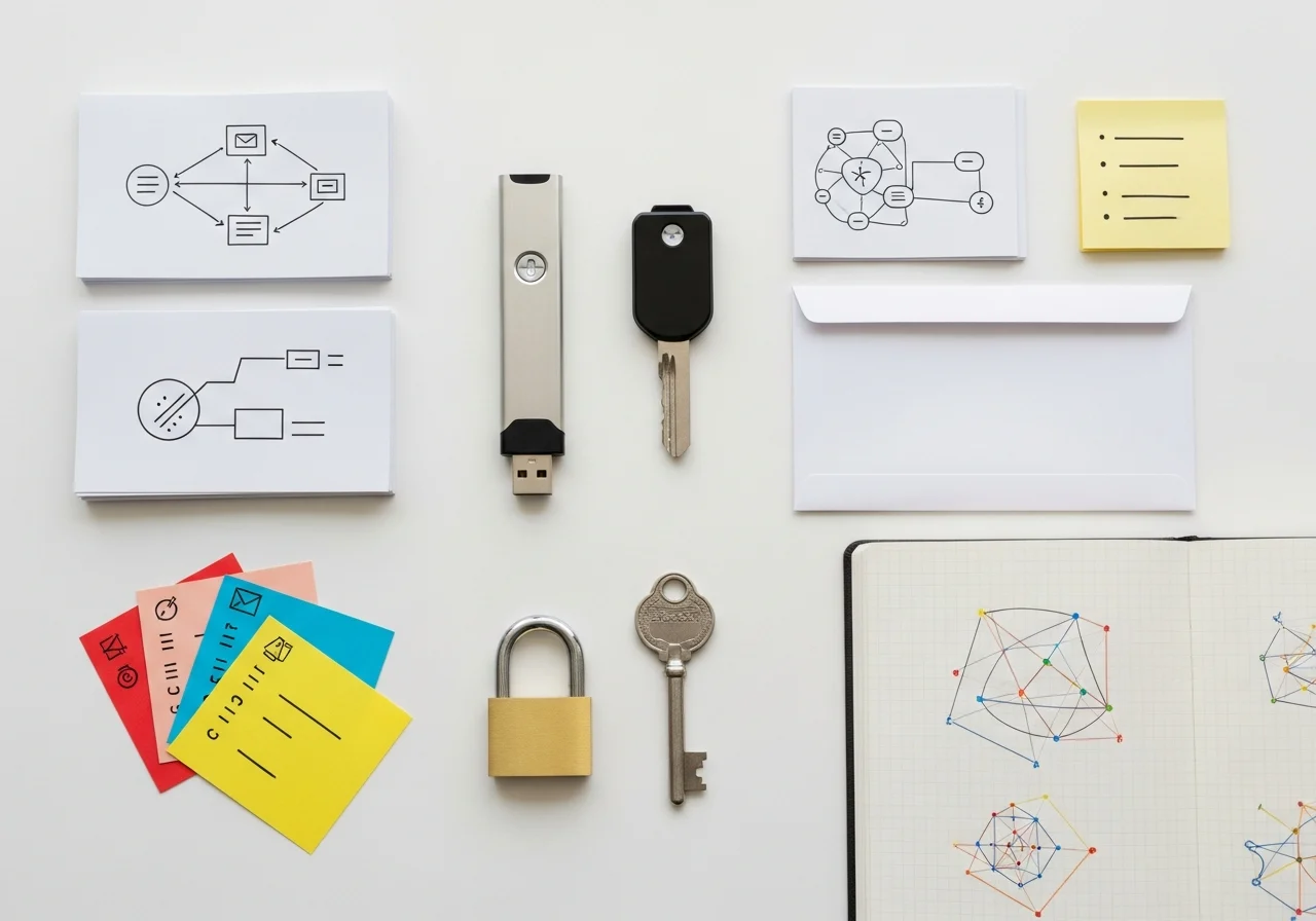 Organized desk with encryption planning materials and secure key devices