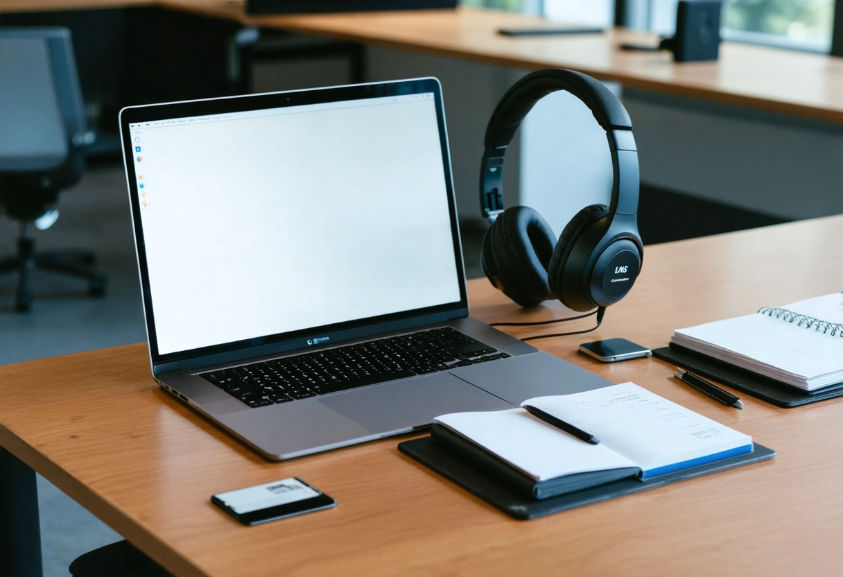 Organized desk with training materials and closed laptop in office.